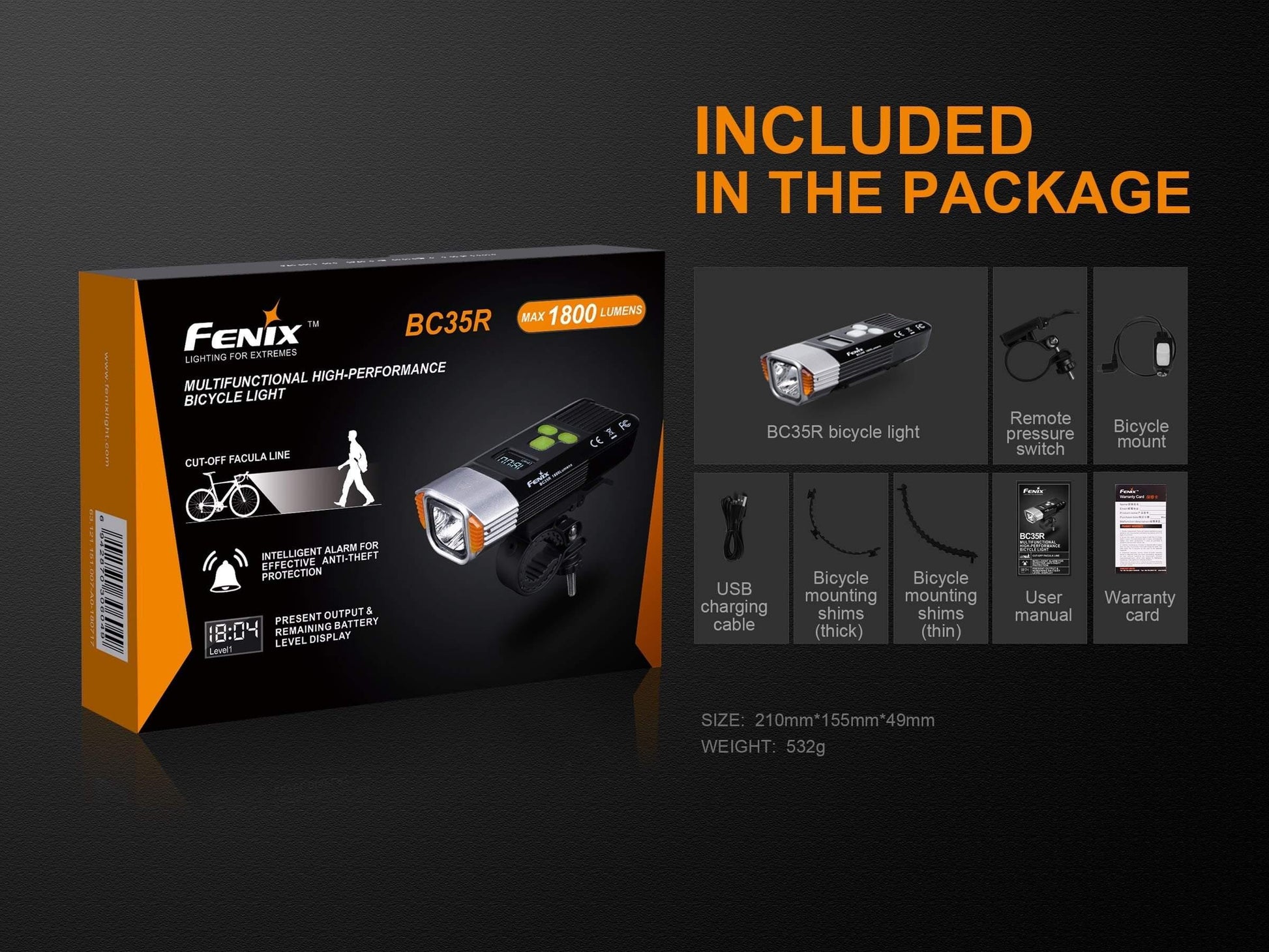 Fenix BC35R lampe de vélo rechargeable - 1800 lumens + technologie anti éblouissement et Alarme anti vol Site Officiel FENIX® - Votre boutique en ligne Fenix®