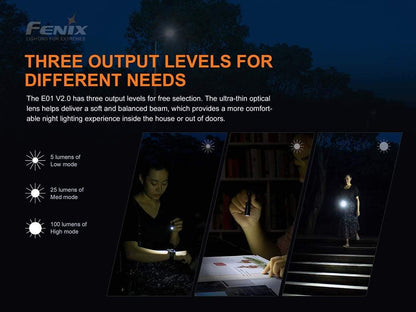 Fenix E01 V2.0 - 100 lumens - piles AAA - 35 mètres de portée Site Officiel FENIX® - Votre boutique en ligne Fenix®