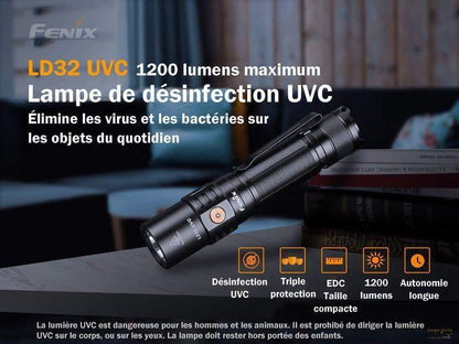 Fenix LD32 UVC - 1200 Lumens - UVC désinfection Virus et Bactéries - pack complet Site Officiel FENIX® - Votre boutique en ligne Fenix®