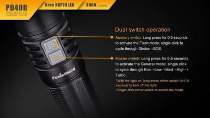 Fenix PD40R - Rechargeable USB - 3000 Lumens - 7H25 à 350 Lumens ! Site Officiel FENIX® - Votre boutique en ligne Fenix®
