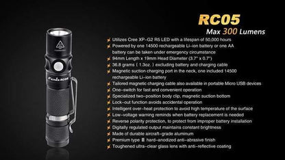 Fenix RC05 rechargeable et fixation magnétique - 300 Lumens - batterie incluse Site Officiel FENIX® - Votre boutique en ligne Fenix®