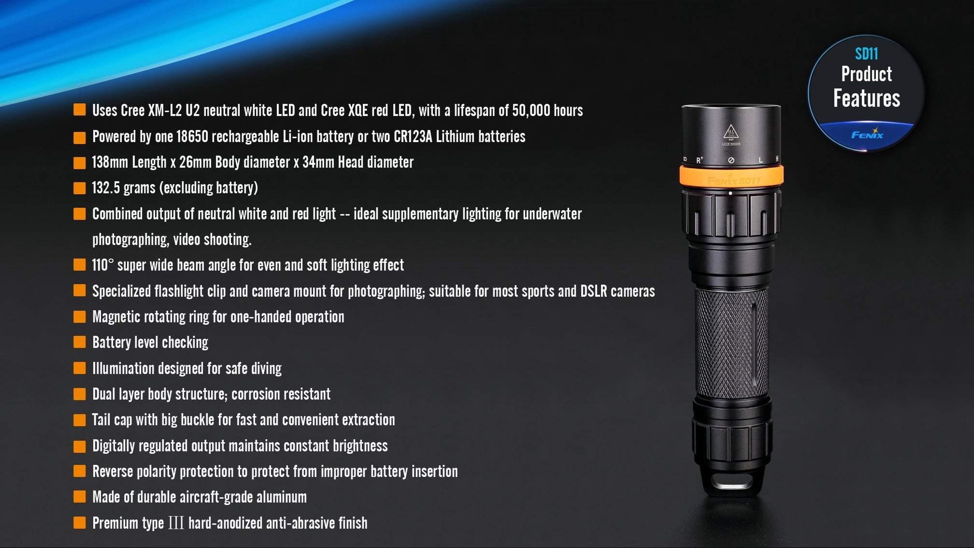 Fenix SD11 - Lampe de plongée - 1000 Lumens avec support caméra, appareil photo, trépied Site Officiel FENIX® - Votre boutique en ligne Fenix®