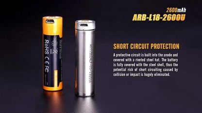 Pile FENIX rechargeable USB - Fenix ARB-L18 - 18650 - 2600 mAh U pour toutes les lampes Fenix utilisant des 18650 Site Officiel FENIX® - Votre boutique en ligne Fenix®