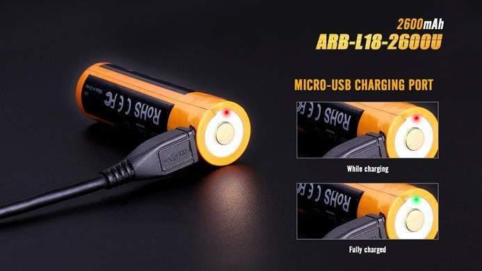 Pile FENIX rechargeable USB - Fenix ARB-L18 - 18650 - 2600 mAh U pour toutes les lampes Fenix utilisant des 18650 Site Officiel FENIX® - Votre boutique en ligne Fenix®