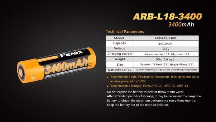 Pile rechargeable ARB-L2S (Nouveau nom Fenix pile ARB-L18) - modèle 18650, 3400 mAh pour toutes les lampes Fenix utilisant des 18650 Site Officiel FENIX® - Votre boutique en ligne Fenix®