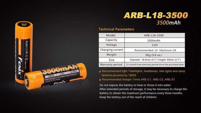 Pile rechargeable Fenix ARB-L18 - 18650 - 3500 mAh pour toutes les lampes Fenix utilisant des 18650 Site Officiel FENIX® - Votre boutique en ligne Fenix®